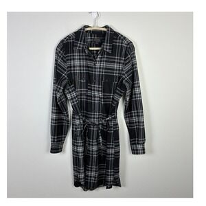 Pendleton Black White Plaid 100% Virgin Wool Tie Waist Shirt Dress Women's Large